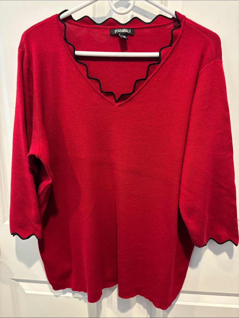 Roz & Ali Red V-Neck Sweater with Black Scallop Trim